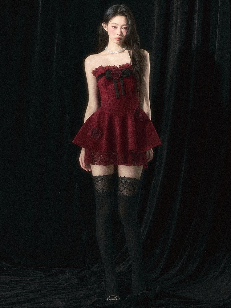 Roses Embellishments Christmas Wine Red Strapless Dress with Plush Shawl Set