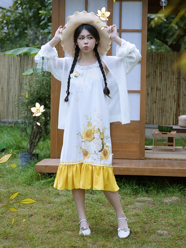 Sleeves Detail Knitted Bowknot Sunflower White Cardigan Flounce