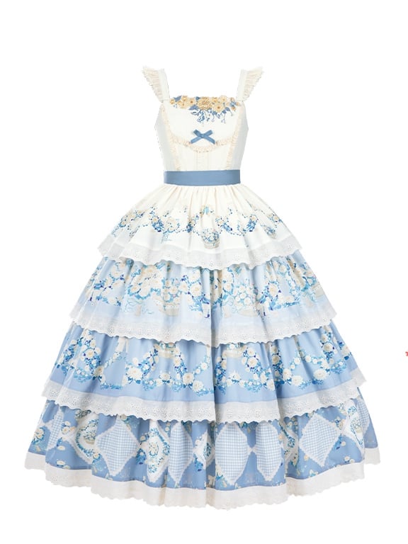 Klassisches Lolita-Kleid mit blauem Rock, Gänseblümchenkorb, Stufenpullover, Blumendruck und Blume
