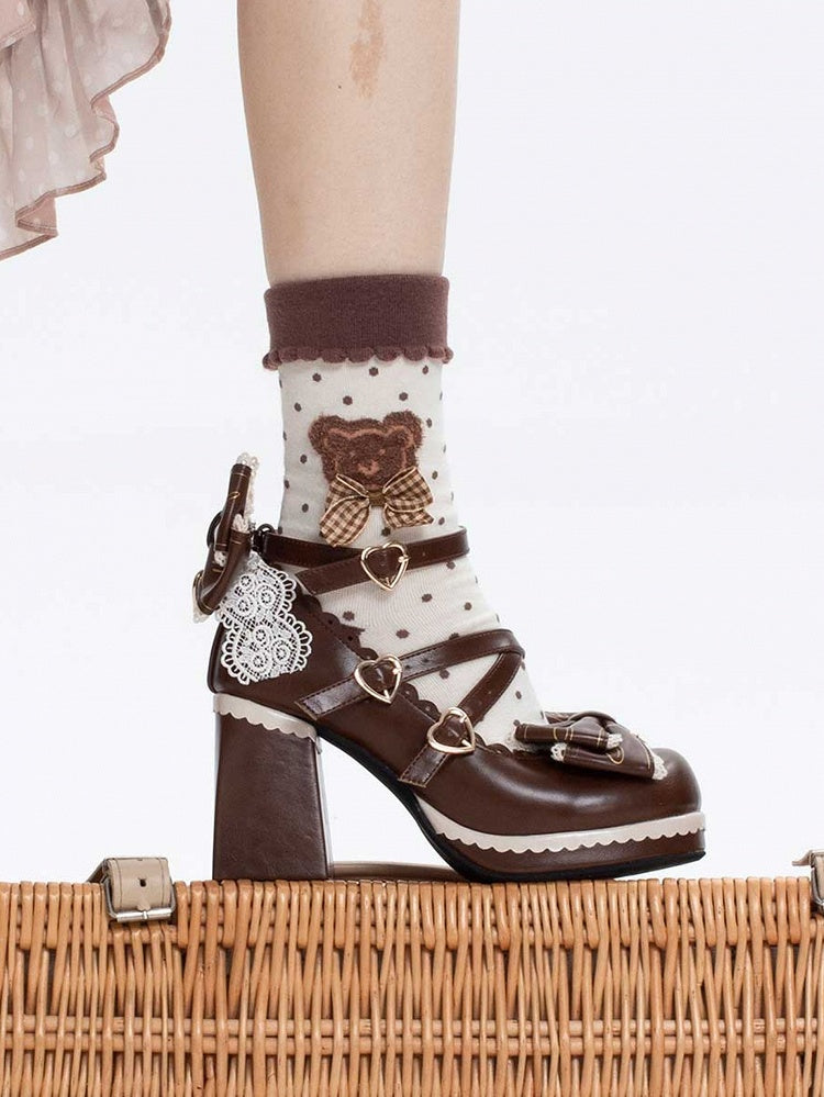 Heart Block Detachable at High Crisscross Brown Buckles Design Top Heels Bow