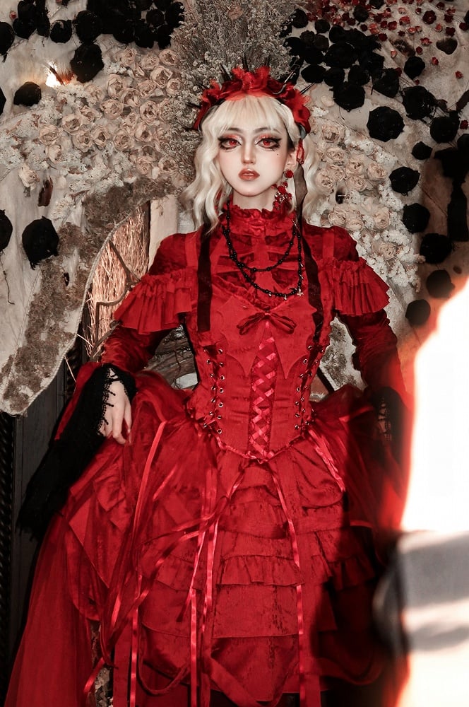 Design Lace-ups with Waist Birdcage Ovarlay Red Lolita Dress Skirt Big and Gothic Bow Corset Detachable