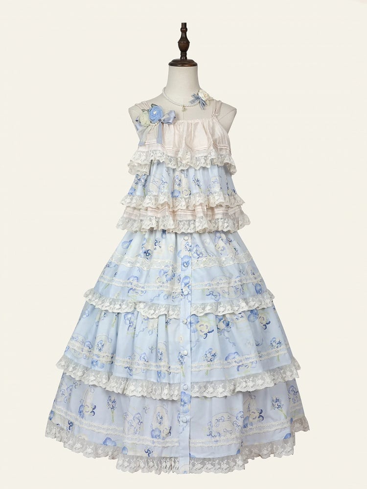 Print Top Cami Blue Floral Beige Tiered and