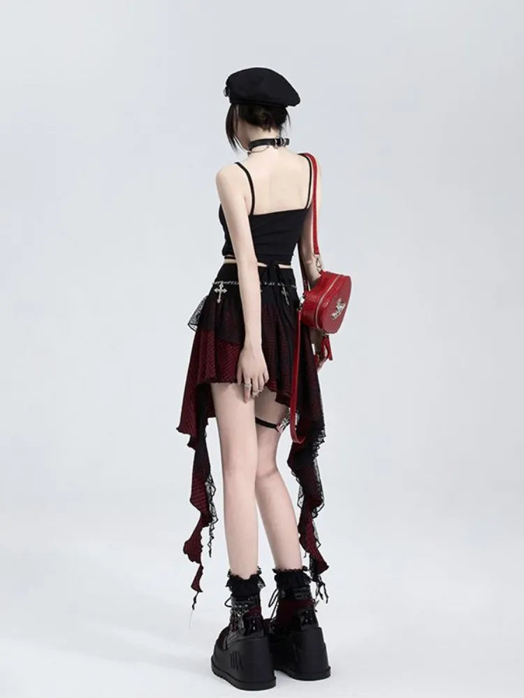 Rock Plaid Rot/Schwarz Schwarz Rosa Spitze Panel Unregelmäßigen Saum und