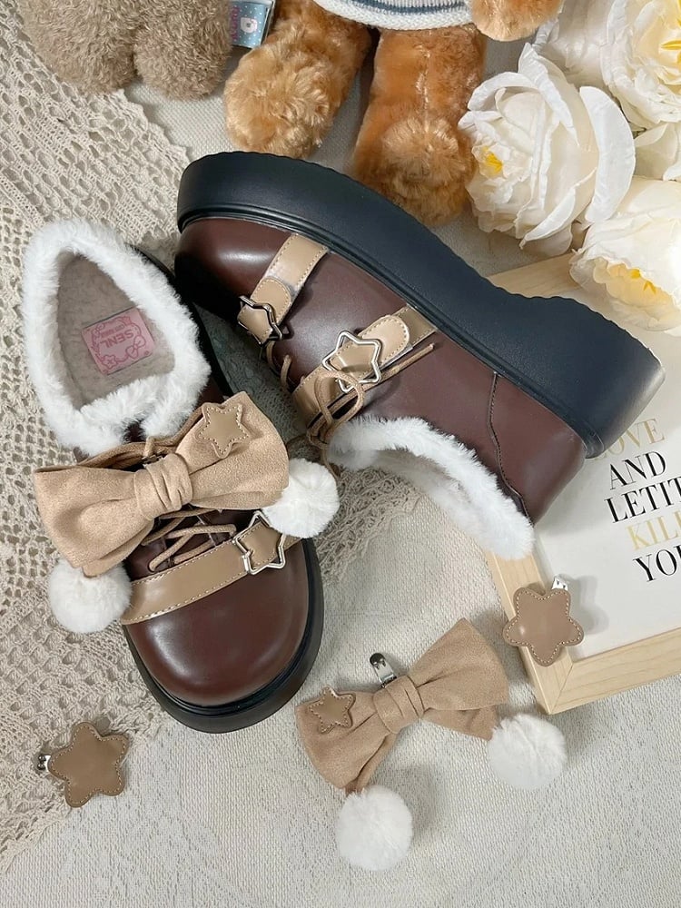 PU Schuhe Braun Abnehmbare Winter Star Lolita Akzent Süße Schleife Plattform Details Leder
