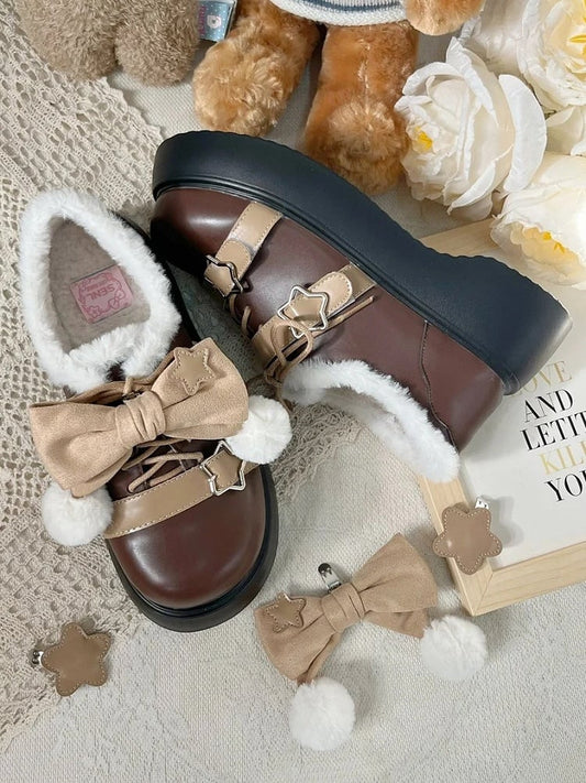 PU Schuhe Braun Abnehmbare Winter Star Lolita Akzent Süße Schleife Plattform Details Leder