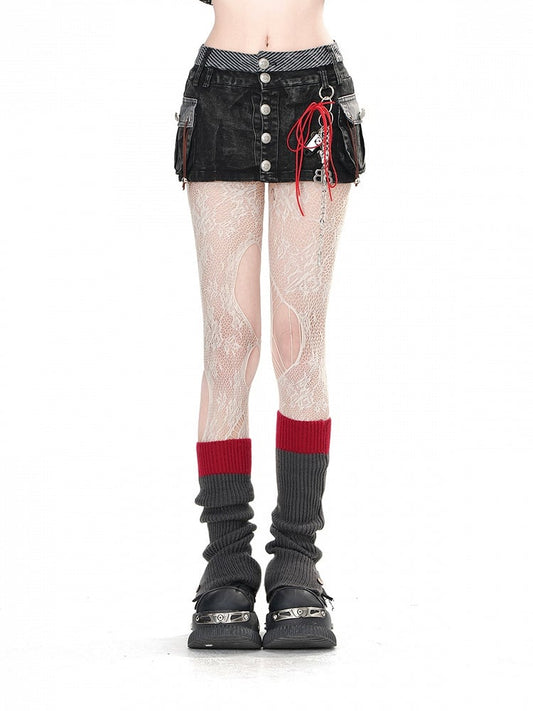 Black Denim Pockets Silver-tone Buttons Glamorous Slim-fitting Mini Skirt