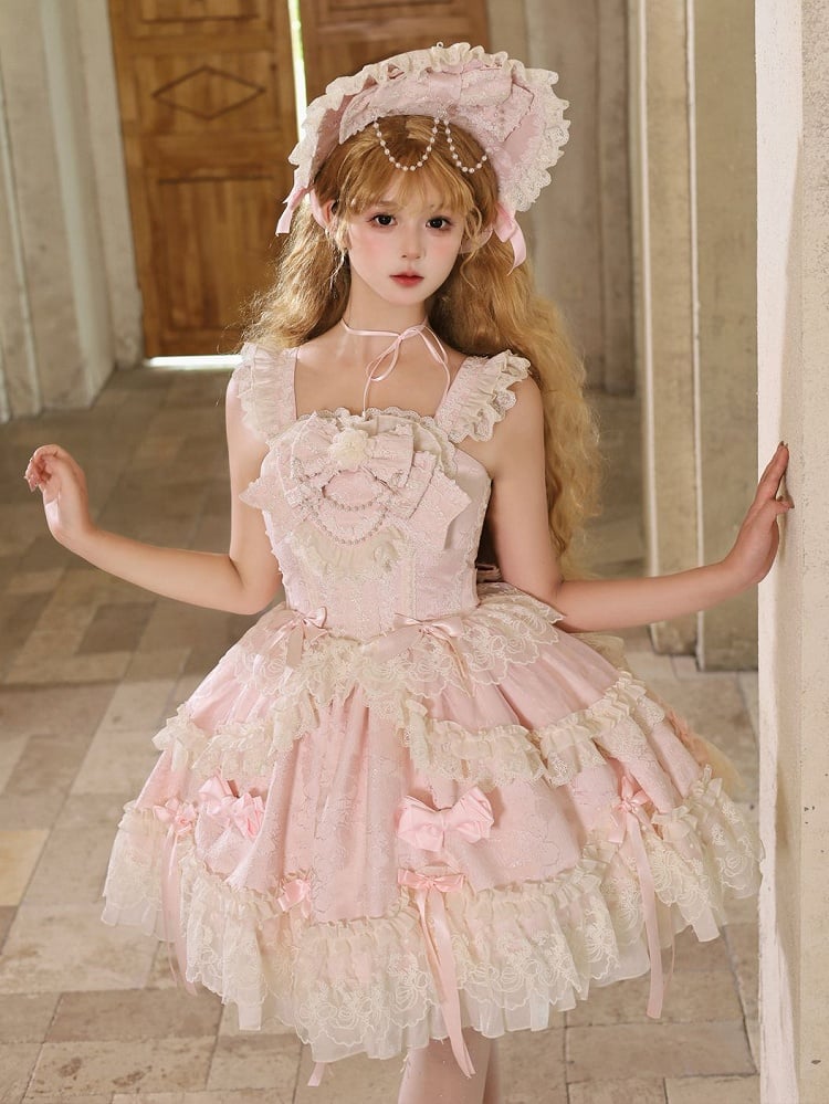 Fabric Pink Lolita Sweet Dress Bow Jacquard Accents Jumper Skirt