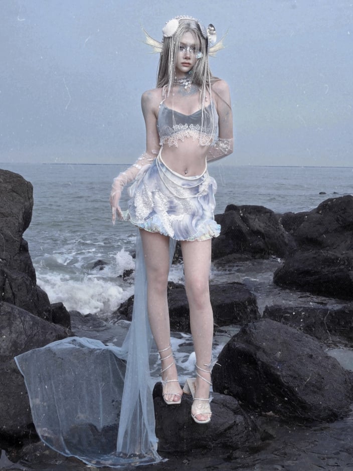 Detachable Train Fairy Bead Tulle Details and with Goth Skirt Sequin