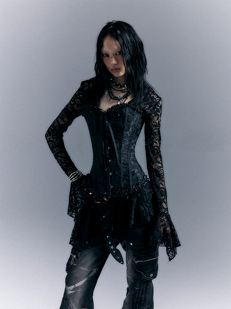 A-Line Mini Dress with Bell Sleeves Black Punk Semi-sheer Lace