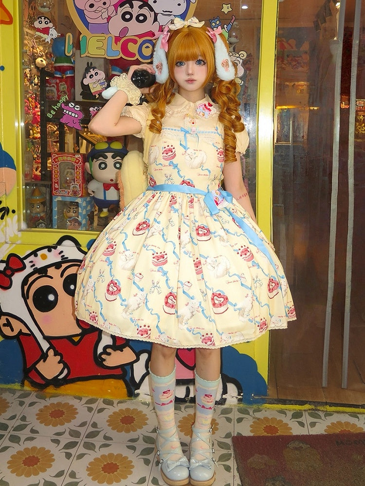 Cute Lolita Dress Sweet Showa Jumper Yellow Kitty Cream Print Skirt Fluffy