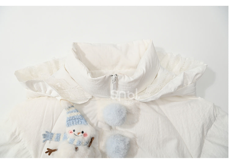 Cute Snowman Adorned White Hooded Puffer Down Jacket Bubble Silhouette