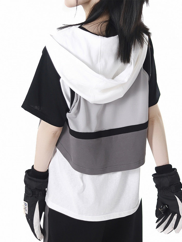 Weste Grau Colorblock Design Techwear Kapuze Cropped