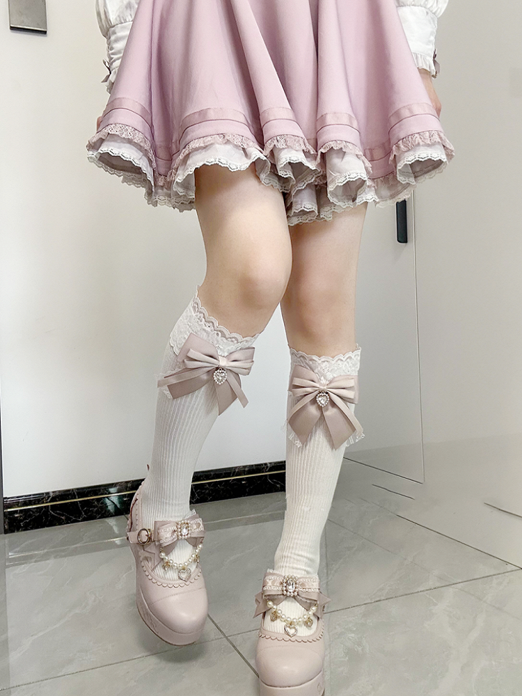 Front Bow Detail Dusty Heart Rhinestone Jirai Kei Under Knee Stockings Pink
