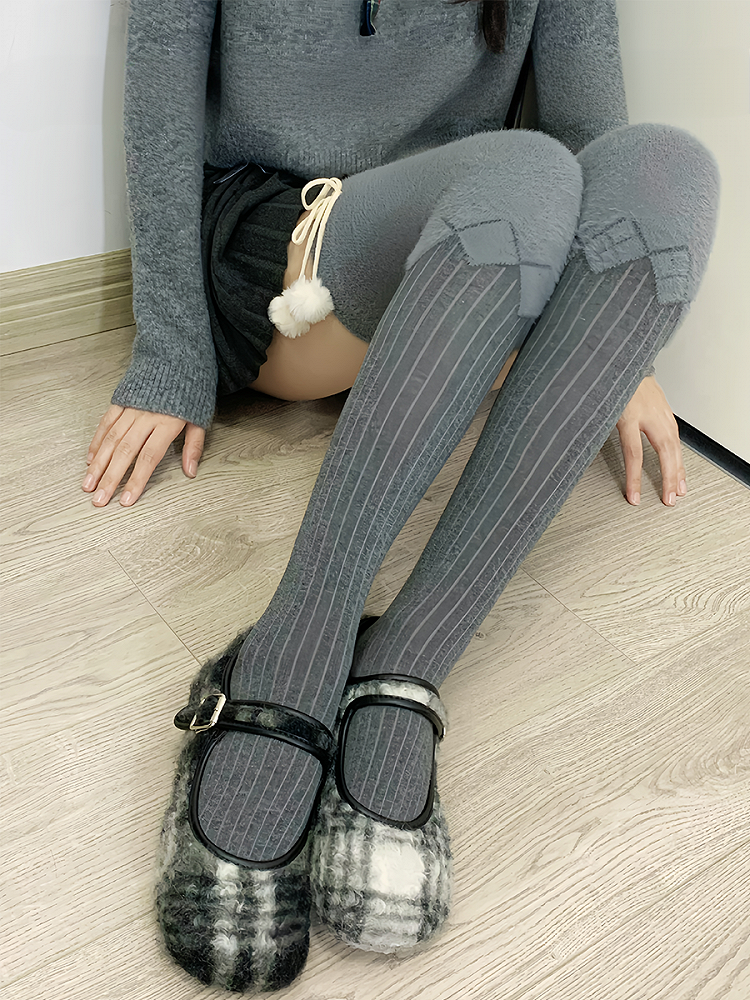 Milk White/Light Coffee/Gray/Black Plush Overknee Stockings With Pompons