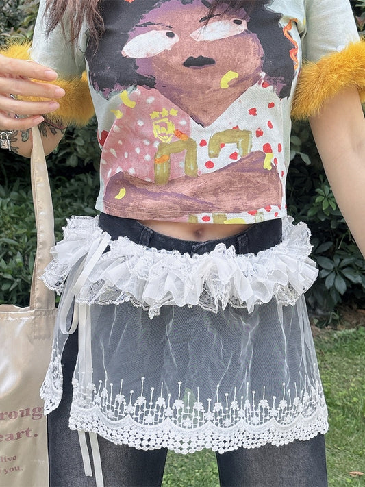 Bittersweet Embroidered White Y2K Cuff Trim Pants Floral Sheer Lace Accessory Ruffled