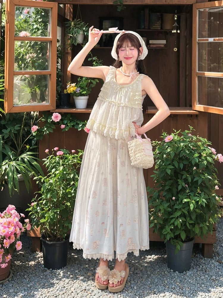 Self-tie Tank Top Bow Lace Trim Elegant with Beige Tiered