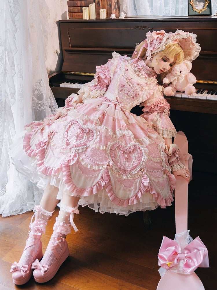 Wunderschönes Hanayome Lolita-Kleid mit Blumenstickerei und Perlenkettendetails in Rosa