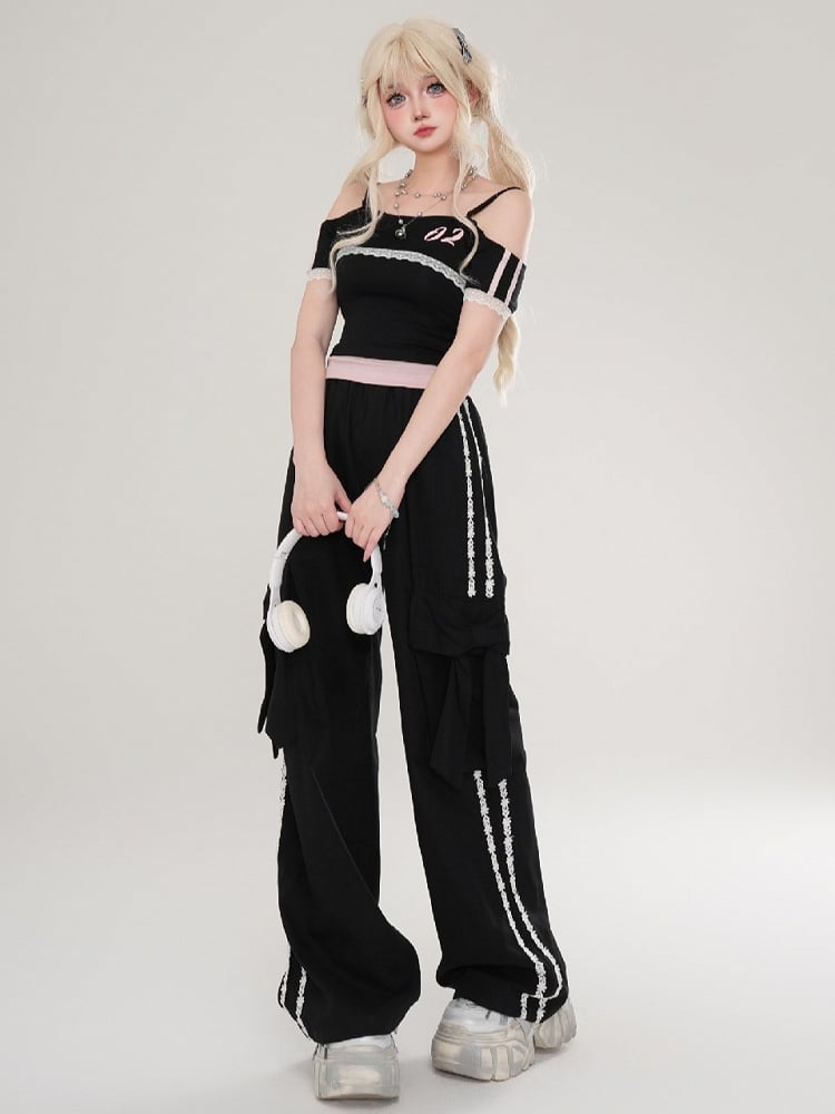 Pants Floral Bow Details Straight-leg With Apricot/Black Stripes And
