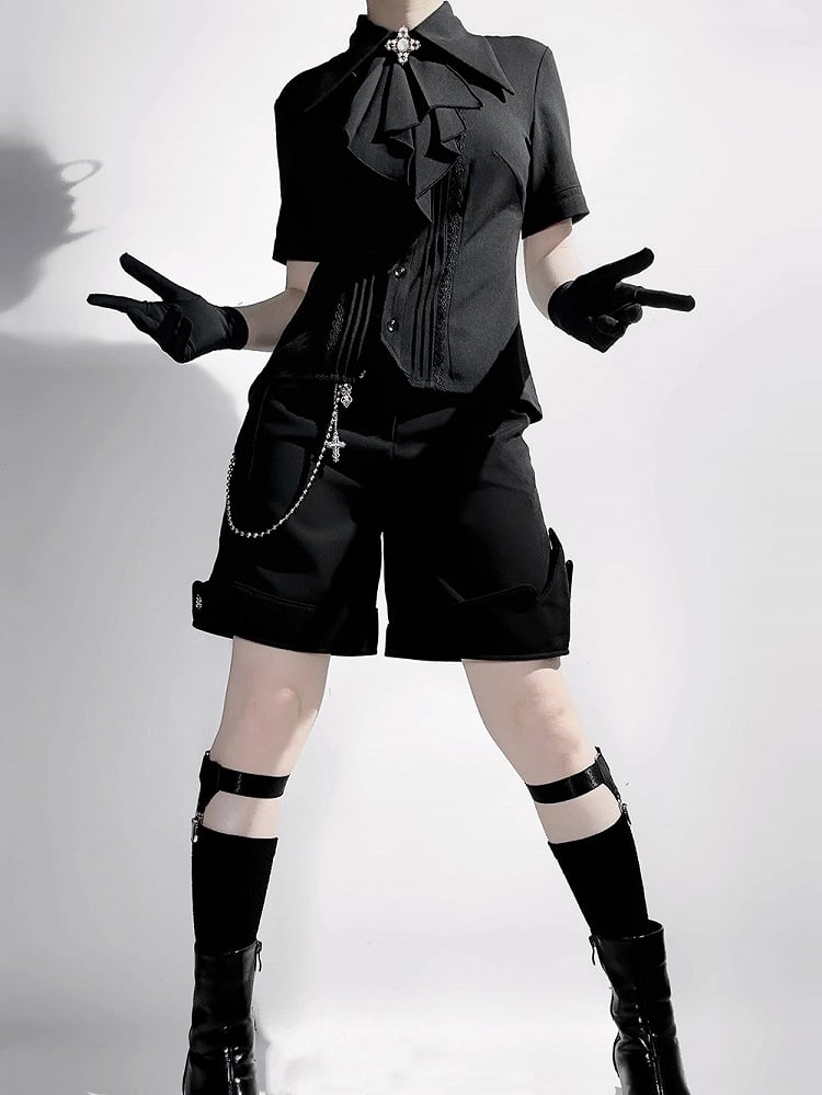 Jabot Lolita Collar Black Foldover Short Fashion Sleeves Shirt Pointed Ouji