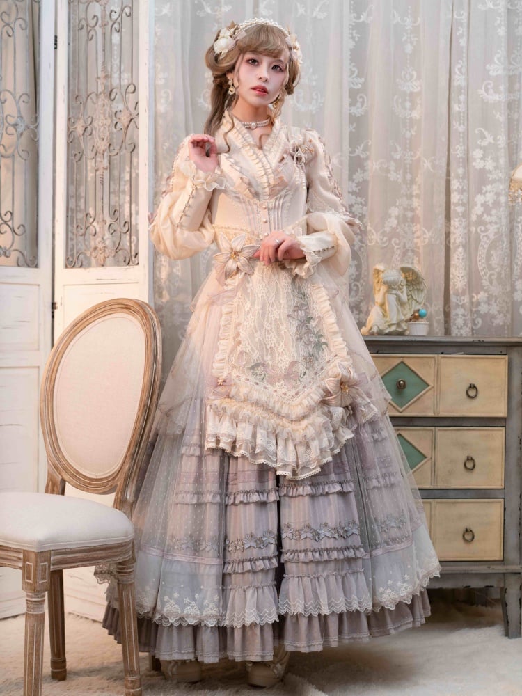 ユリの刺繍アップリケレイヤードヘムパープルクラシックロリータドレスフロントボタンプラケット