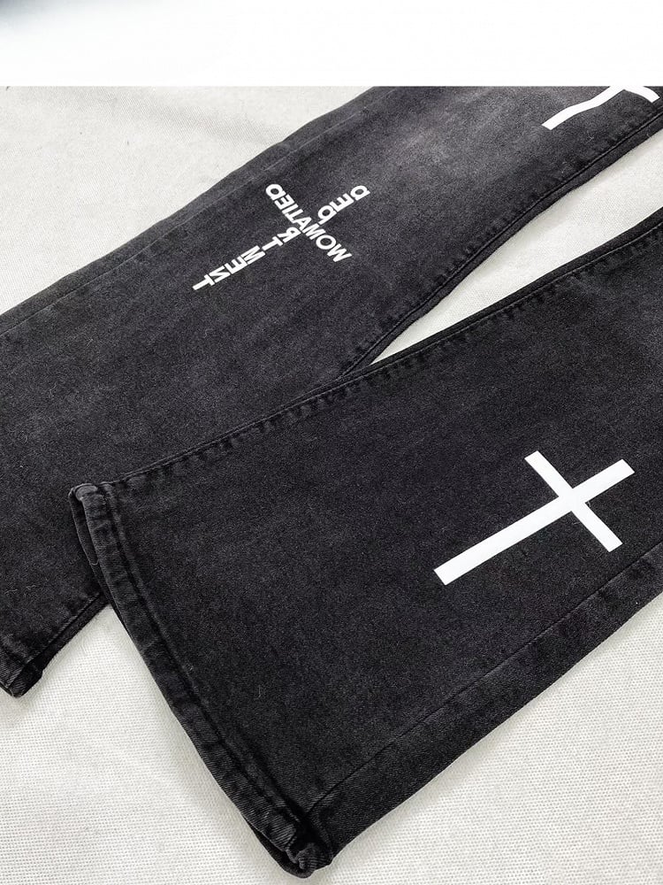 Flare Black Wings Print Y2K Jeans And Silhouette Cross