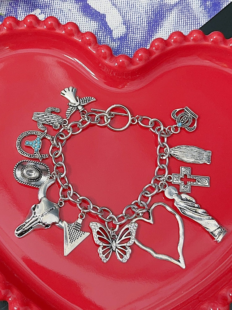 Bracelet Y2K Silver/Red And Butterfly Cross Heart Charm