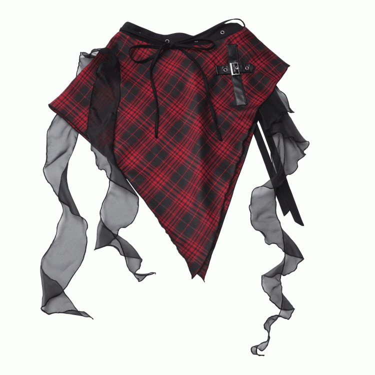 and Waist Accessory Handkerchief Hem Cascading Ruffles Black Plaid Red