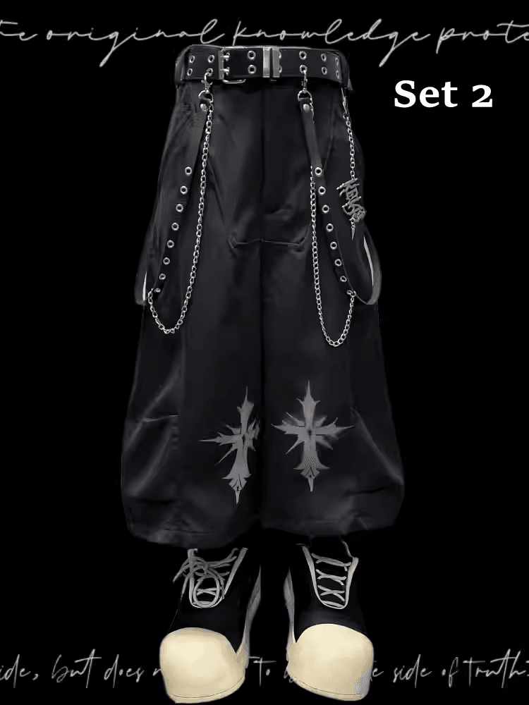 Rock Y2K Wide-leg Pants Free Charm Black Cross Print Punk with