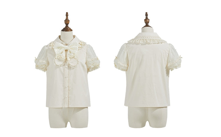 Beige Bluse mit abnehmbarem Schleifenausschnitt, Perlen und kurzen Puffärmeln