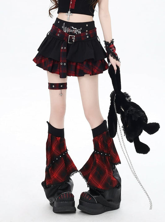 Design Red Plaid Buckle Belt Lined Black Tiered Skirt with Cross and Garter Y2K