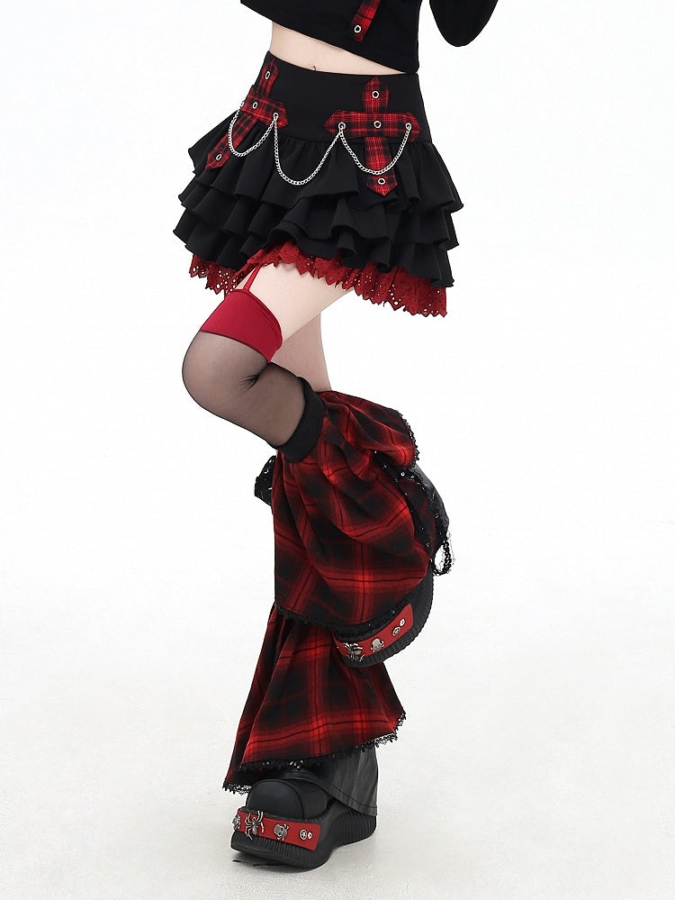 Pink/Red Plaid Cross Appliques Lace Trim Tiered Skirt Chains Decorated