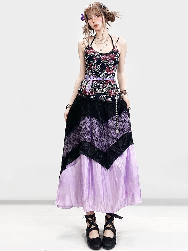 + Floral Top Halter Underskirt Cami Skirt Lace Set- Dress Holiday Neck Black Purple Bittersweet