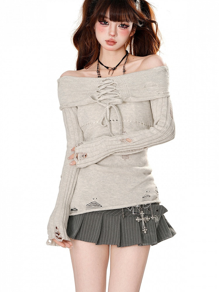 Light Grey/Dark Grey Lace-up Detail Distressed Off-Shoulder Knit Top