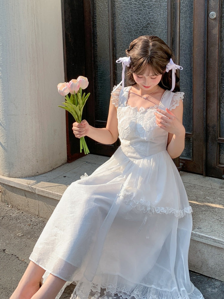 Mesh Overlay Detail with Sweet Dress White Flutter Sleeves Butterfly Neckline