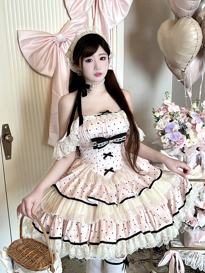 Dots Skirt Dress Black Polka Basque Sweet Tiered Waist Pink