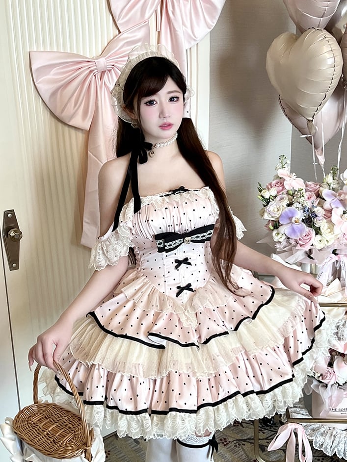 Polka Rock Stufen Schwarz Rosa Taille Baskenkleid Süße Punkte