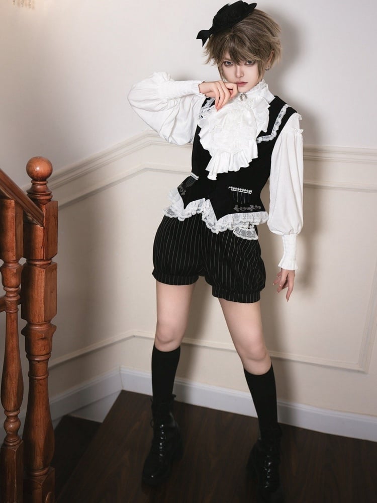 黒と白の王子ロリータフルセットシャツ+ベスト+ショートパンツ+ジャボ