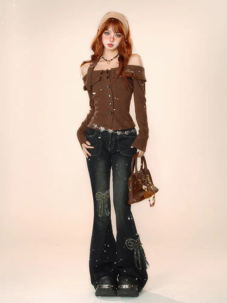 Lace-up Jeans at Bowknots Black Back Flared Details