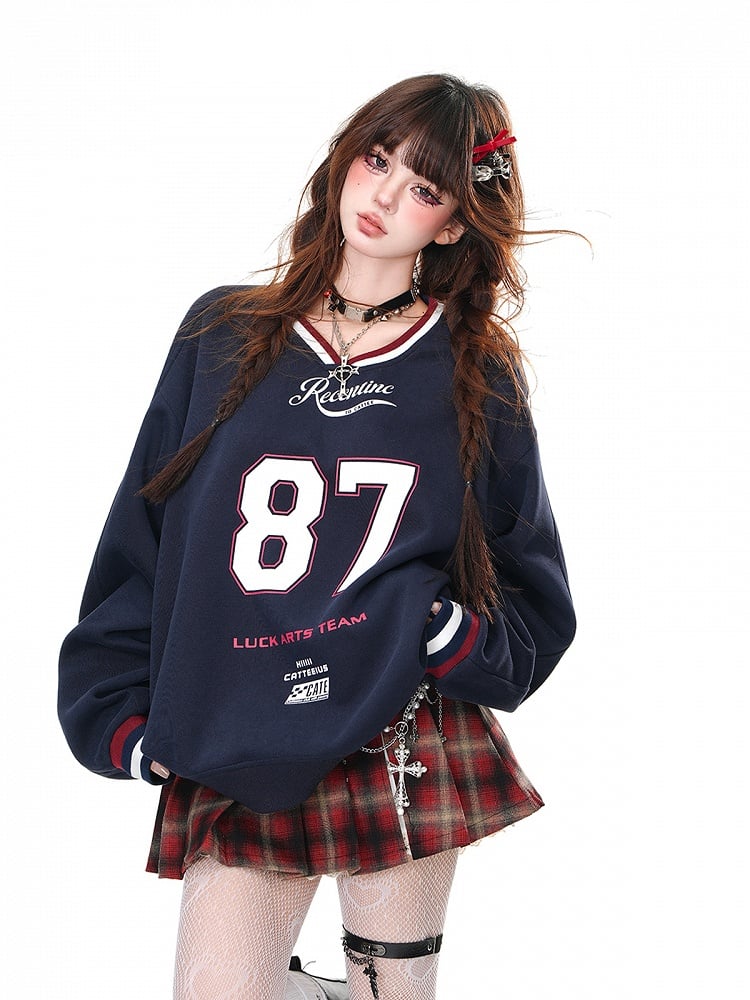 Apricot/Navy Blue V-Neck?Number Print Bittersweet Loose Sweatshirt