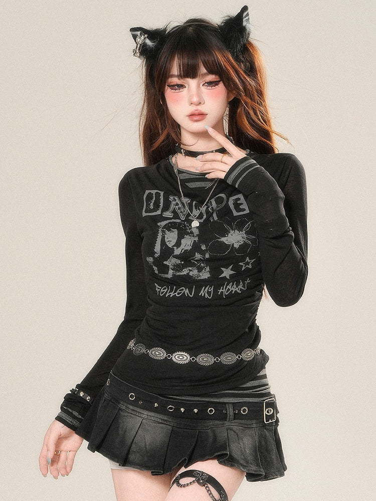 Print Letter Long Black Sleeves And Bittersweet Top Cartoon