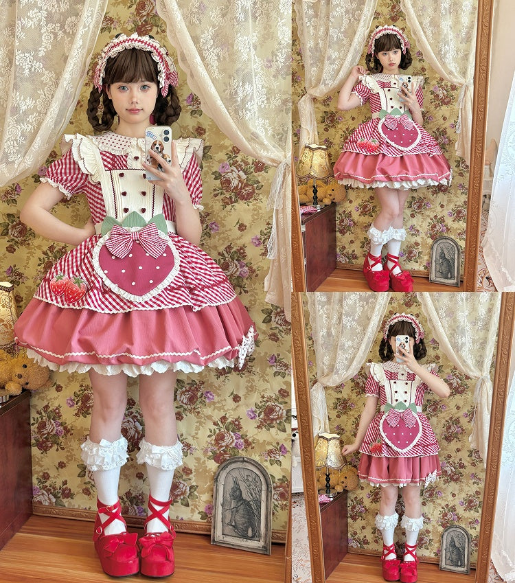 Dress with Plaid Lolita Collar Peter Pattern Strawberry Pan Sweet Pink Apron