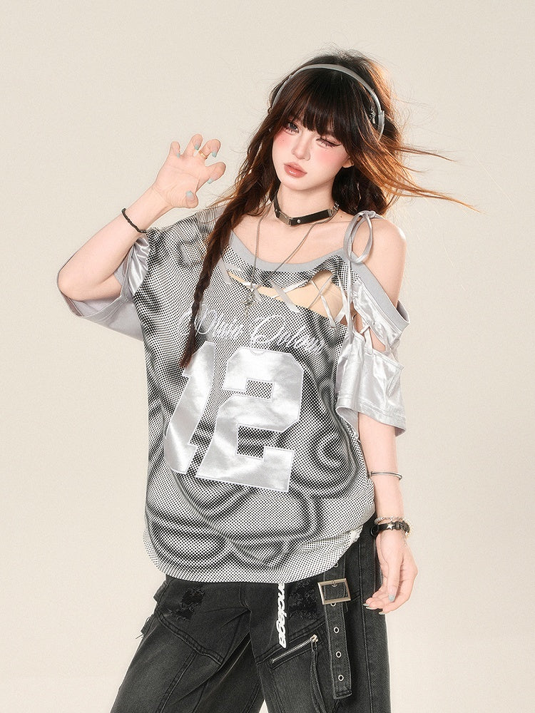 Gray Cutout Shoulder Embroidered Sports T-Shirt with Lace-up Detail