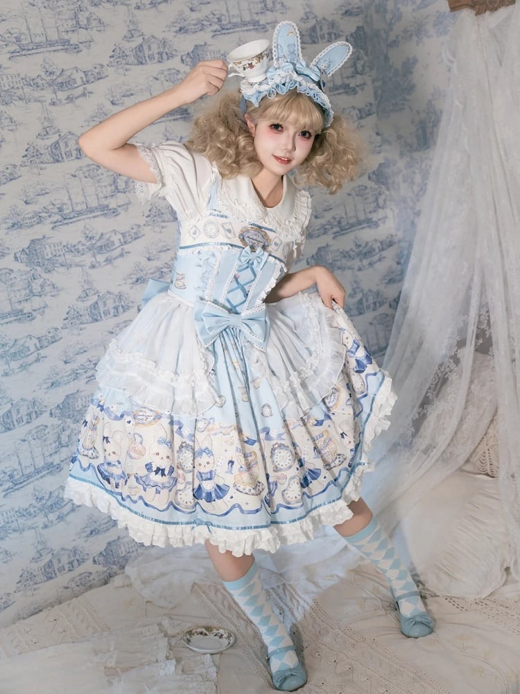 Blue Alice Bunny Lolita Dress Print Clock Sweet and