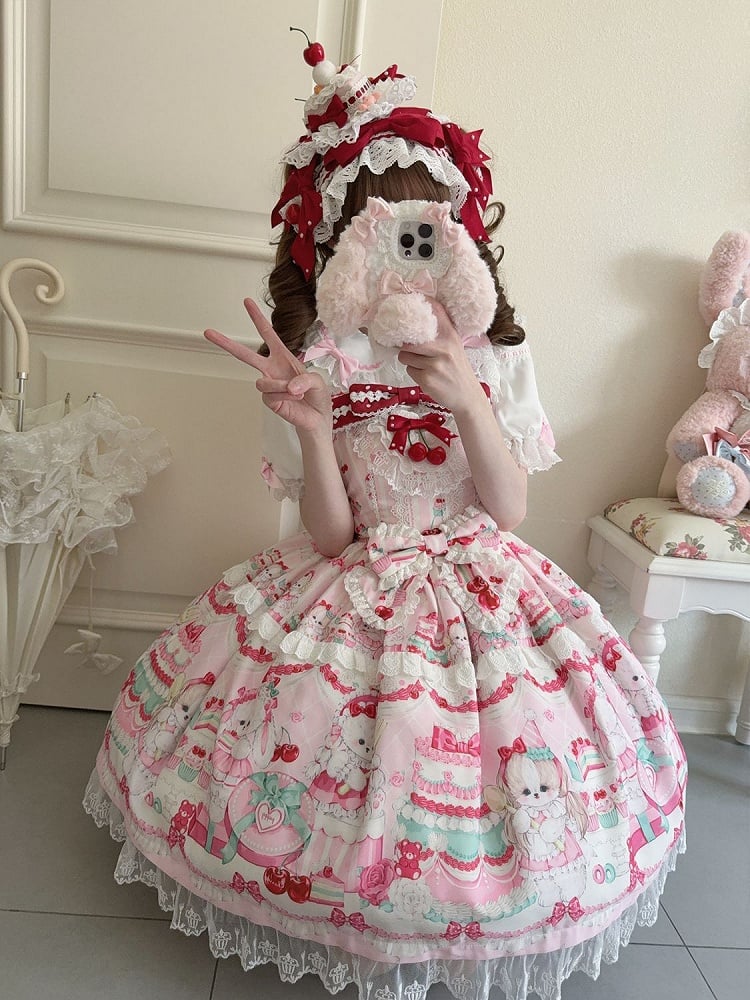 Cakes Dress Sweet Cherry and Print Pink Lolita