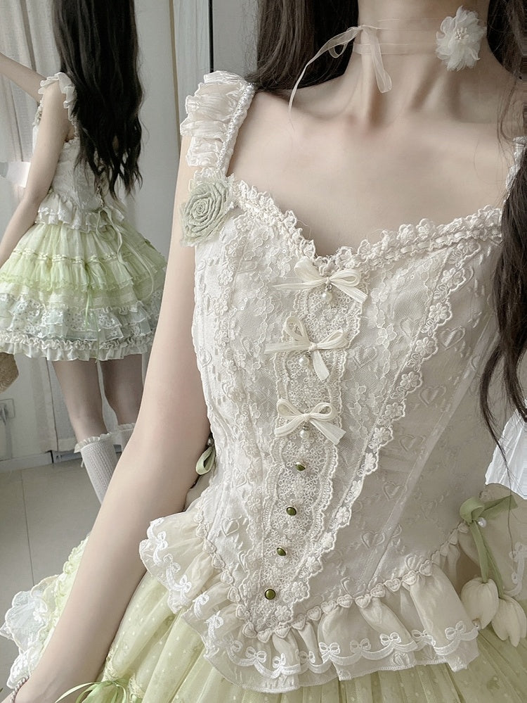Ivory Bead Details Fabric Heart Corset Jacquard Boned Top