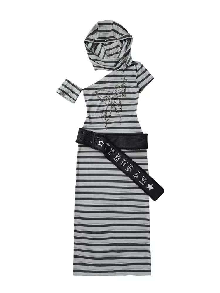 Cutout Wasteland Punk Hooded Buckle Gray Green Striped Dress and with Belt Shoulder