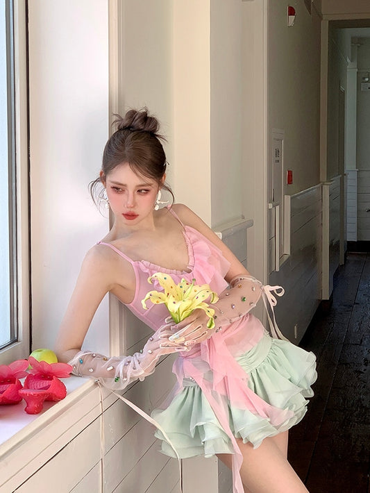 レース装飾の白いセルフタイグローブストラップラインストーン