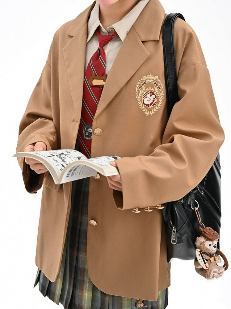 Brown Preppy Fashion Badge Blazer Embroidery JK Uniform Vintage Millard