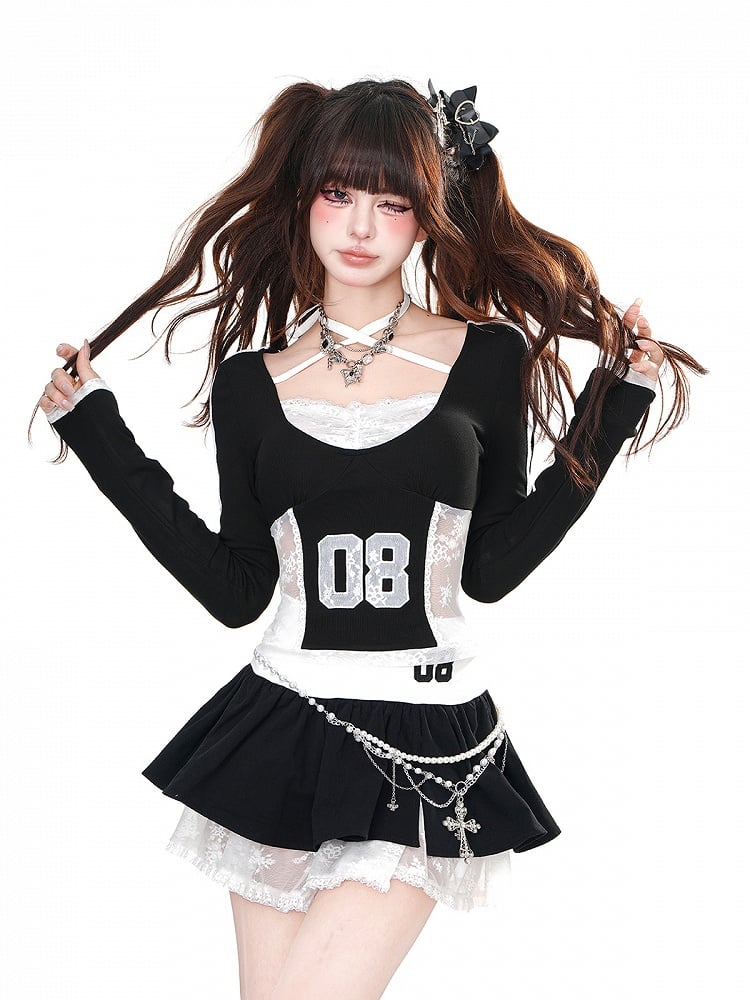 Black Thigh-Length Lace Tiered Puffy Skirt