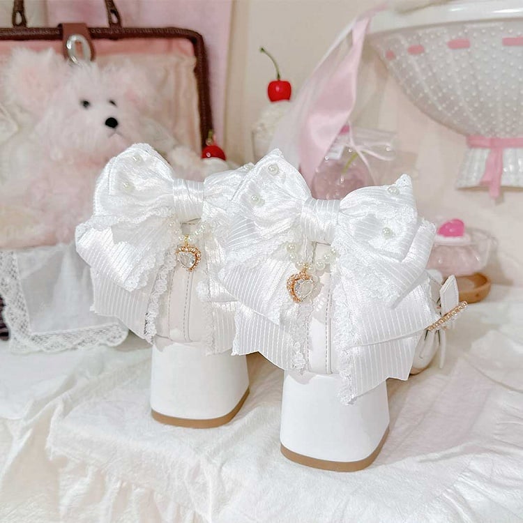 Lolita Crisscross Schnalle Heels 5CM Bowknot Design Details Herz Schuhe Block Weiß Straps Süße